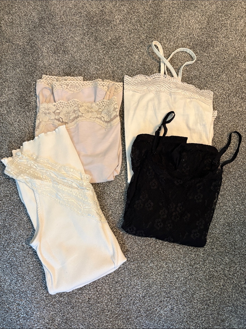 Lace Trim Cami Tops - Pack of 4 (Black, White, Blush)